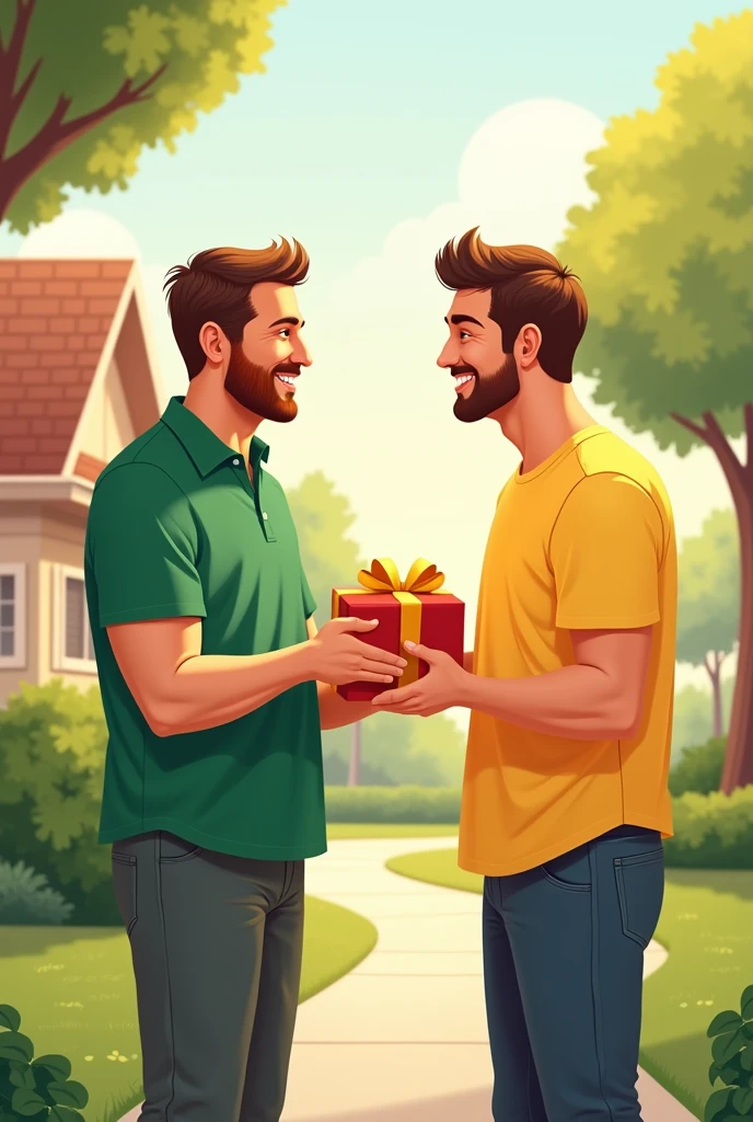 create illustration  of two neighbours one wearing green and other yellow shirt one .One is giving gift to other both are man
