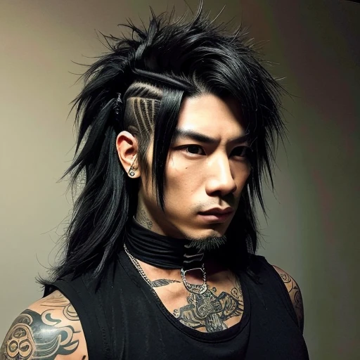 1 man, Japanese man, male, Asian eyes, muscular, broad shoulders, yakuza tattoos, hairstyle Visual Kei style, hair Visual Kei, black men's shirt and black pants, ultra detailed face, hyperrealistic, realistic representation, long hair, long hair, 30 years old, age 30 years, blonde hair, full body view 