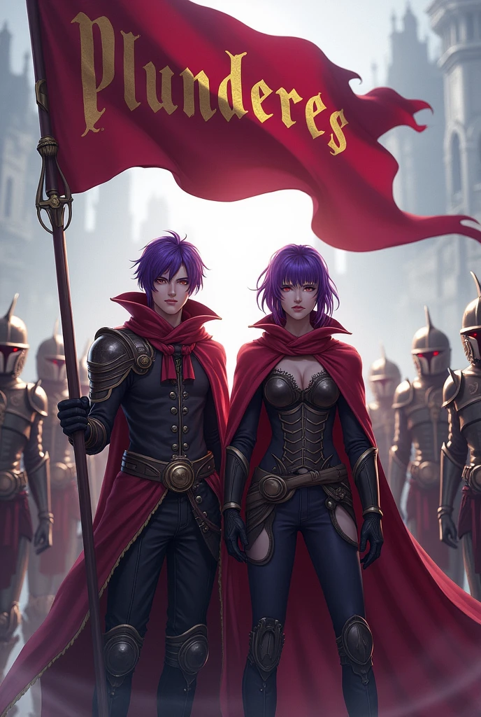 A purple haired man and a purple haired woman leader of a guild, holding the flag with the word Plunderes in his hands and behind him his army of warriors