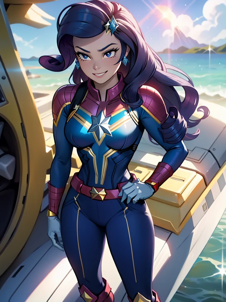 Rarity, Huge-breasts, Lush breasts, Elastic breasts, hairlong, Luxurious hairstyle, In the costume of Captain Marvel, white and blue suit, Elegant boots white, in the sky, superhero, brawn, in full height, Happy, ssmile, Rhinestones and diamonds are everywhere, Magic, from bottom to up view, Superhero pose, Blue Beam Flight, beste-Qualit, Very detailed, 8K quality, in full height