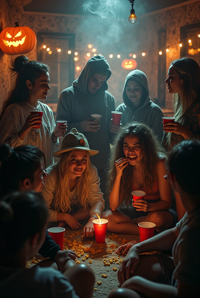 A group of agers inside a room at a Halloween party