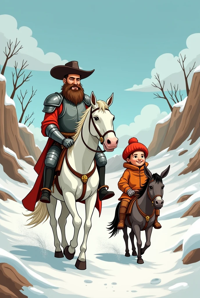 a very simple illustration like a cartoon of Don Quixote with his iron armor and white horse and Sancho Panza on his adventures in a winter environment, remembering that the story of Don Quixote takes place in 1605
