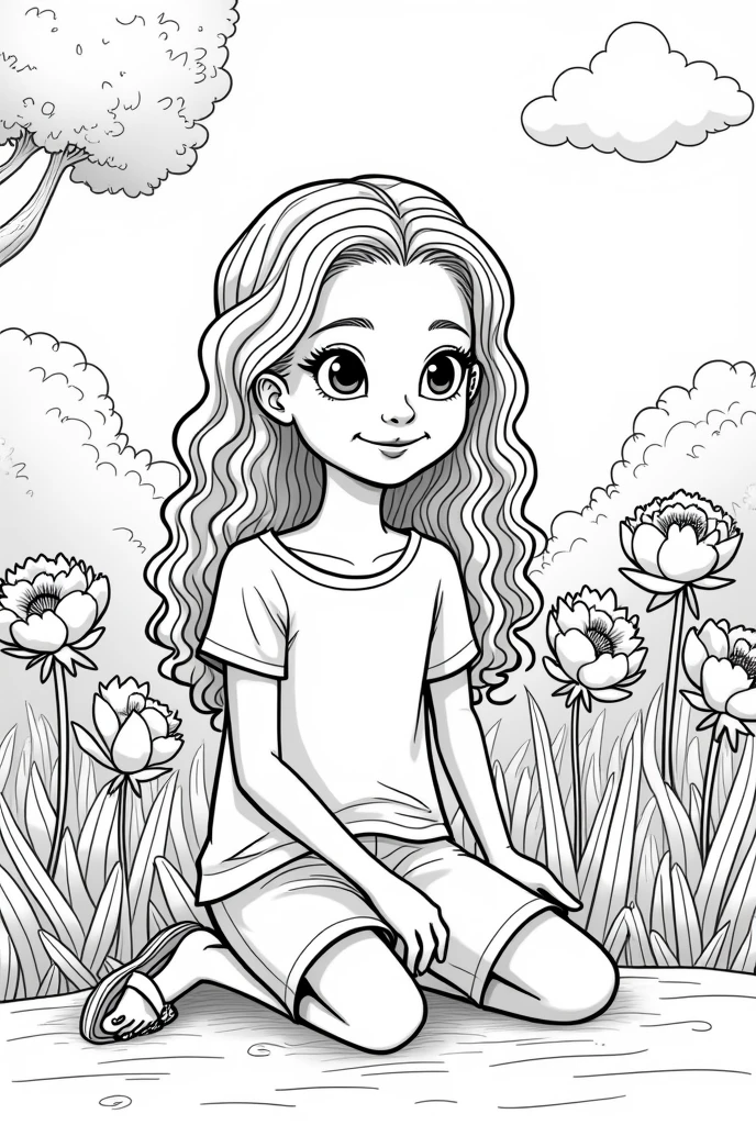 Create an illustration for a children's coloring book, which can be used in the Zara store. Leave the clothes and background without color., so that children can color them to their liking. A girl sits near a flower bed with peonies. Her hair is long and curled. She is wearing shorts and a T-shirt., shirt open on top.. On the feet are sandals.
The background may contain garden elements - grass, trees, clouds.