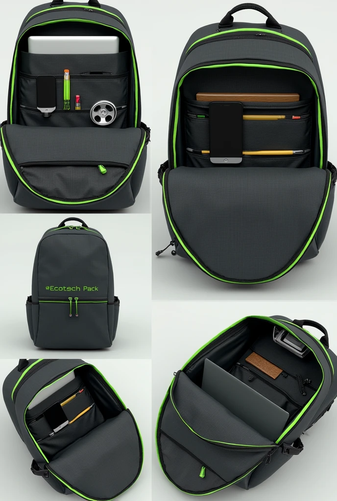 Make sure that **only the interior is shown** from the backpack, without any view of the outside or the back. The backpack is dark grey with neon edges., and the name "EcoTech Pack" must be green, visible dentro from the backpack. Focus on the internal compartments: the padded compartment for the computer, the slots for pencils and markers, document pockets, and the general organization. The collage must have four images that show only the interior.