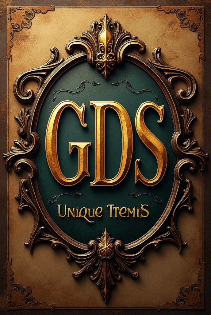 Generate an image of an old style logo with the name unique items for a rare items store that has the initials gds  