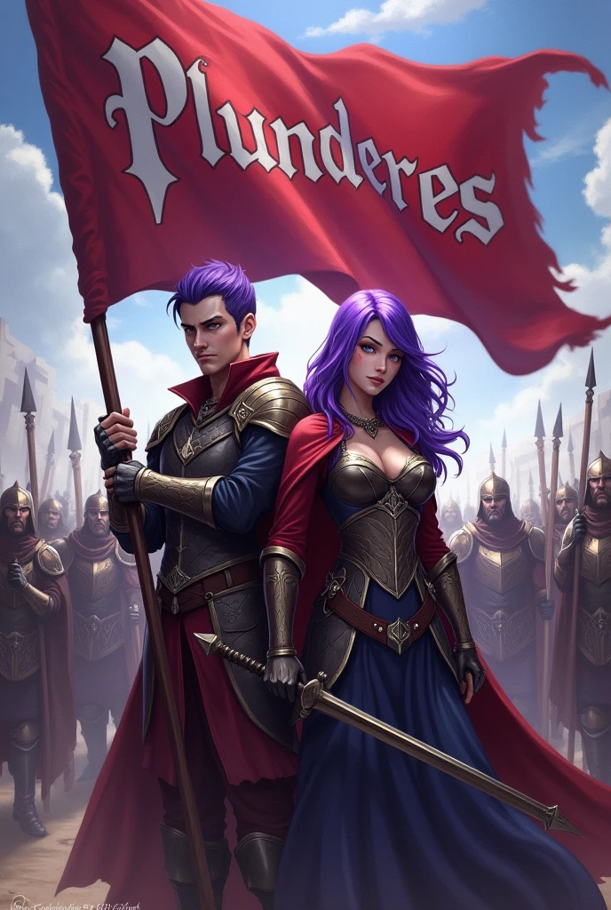 A purple haired man and a purple haired woman leader of a guild, holding the flag with the word Plunderes in his hands and behind him his army of warriors 