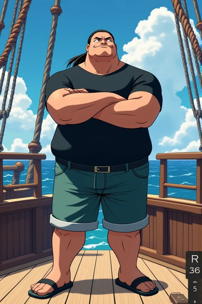 1. Ravick is a man of 1,80 meters, he is fat weighing about 150 kilos 2. He wears knee-length shorts and a black t-shirt..

3. Her hair is a long ponytail shaved on the sides..

4. His facial expression is a slight smile on his face.

5. He's got his arms crossed.

6. He is on his ship I need you to create this image with the features of the anime one piece