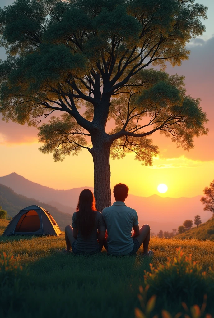 A woman and a man sitting at the foot of an isolated tree in a green valley watching the sunset, with a tent next to it