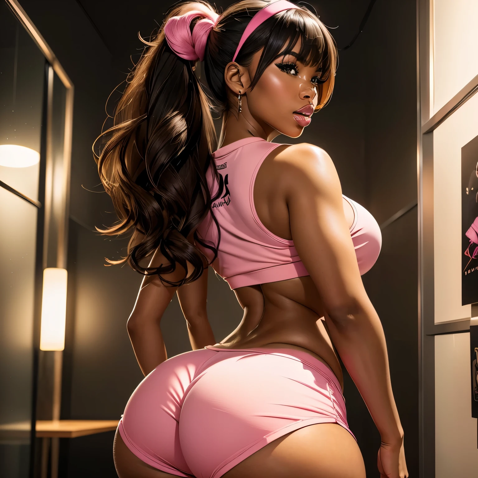 work of art, high quality, ebony girl, high resolution, volumetric lighting, underground dispersal, 8k, beautiful woman, (dark skin), Filipino, college student, 's uniform, (big-ass), breasts big, (pink tub top shirt), (cotton shorts:1.2), Wavy hair, pony tail, bangs, headband, hoop earnings, class room, pose sexy, seductively pose, 3/4 shot, cowboy shot, ((slim thick body:1.1)), thick thighs, round-butt, open mouth, big lips, screaming, orgasm, night time, eyes closed