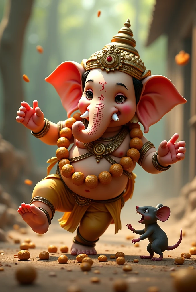 
Ganesh Falling Off the Mouse

Visuals: The mouse suddenly spots a snake and panics. The camera captures the moment of the mouse jolting and Ganesh losing his balance. Show the laddus flying out of Ganesh’s stomach as he tumbles off the mouse in slow motion, landing on the ground. The scene focuses on the surprised expression on Ganesh’s face as he falls.








