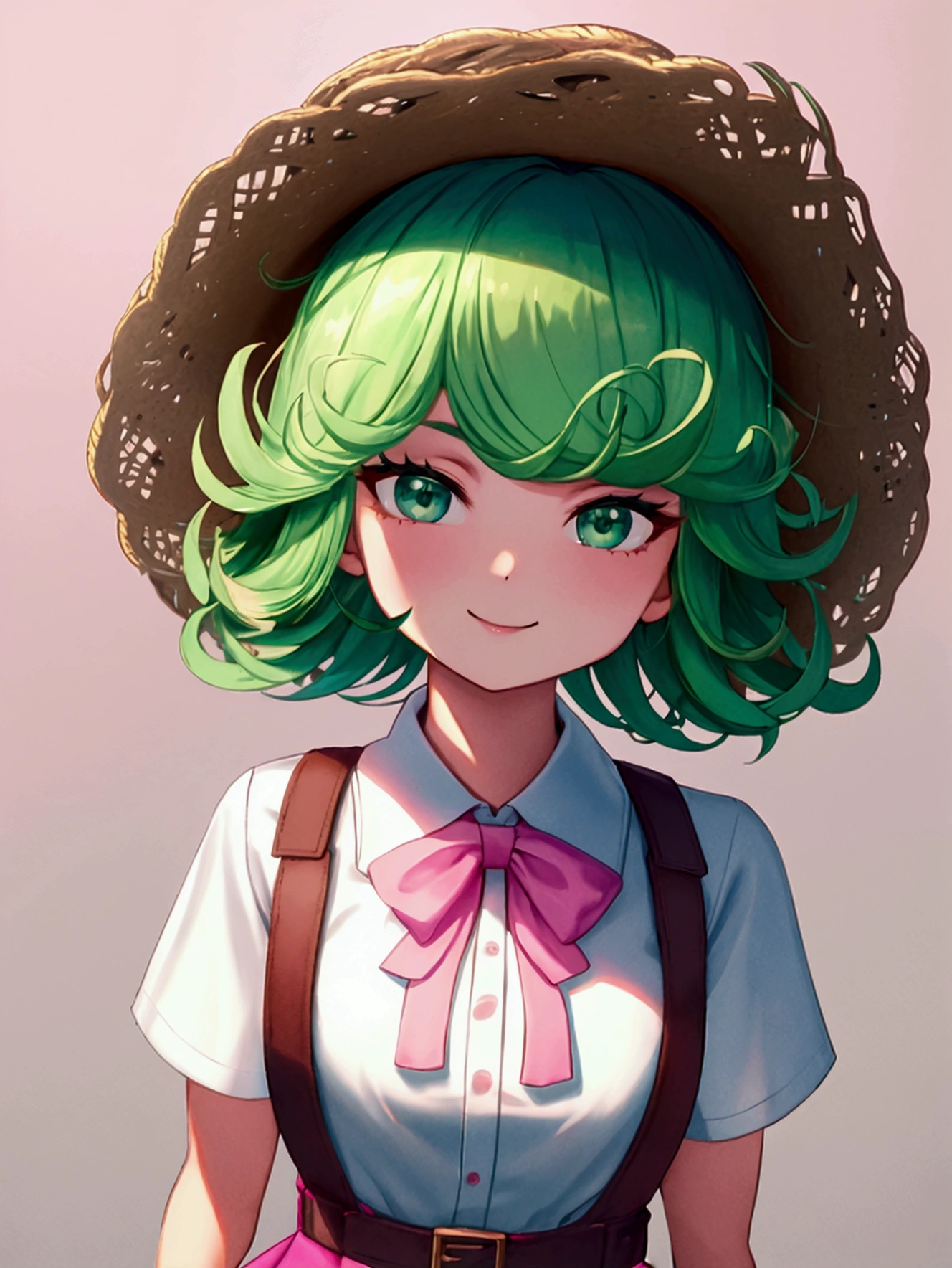 (high res, 8K, masterpiece, looking at viewer, best quality, very aesthetic, ultra detailed, ultra background, ultra Eyes) intricate details, 1girl, Tatsumaki, Chibi, short sleeved white shirt, pink vest, Pink short skirt, bucket Hat, Pink tie ribbon, Wearing a belt, green short hair, green eyes, Smile Face, Background Park, Cinematic Angle