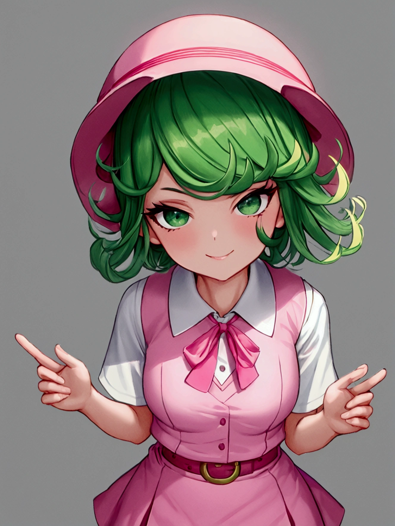 (high res, 8K, masterpiece, looking at viewer, best quality, very aesthetic, ultra detailed, ultra background, ultra Eyes) intricate details, 1girl, Tatsumaki, Chibi, short sleeved white shirt, pink vest, Pink short skirt, bucket Hat, Pink tie ribbon, Wearing a belt, green short hair, green eyes, Smile Face, Background Park, Cinematic Angle