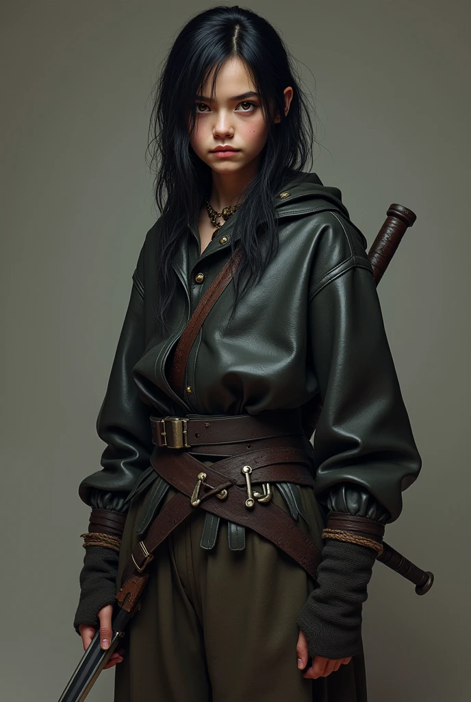 Arya stark from game of thrones,15 years old warrior girl with a thin sword on left hand,her hair is straight black ,her face is long and sharp, she's wearing a Brown Cotton pants and over sized leather Top of royal lady ,with a belt on waist.