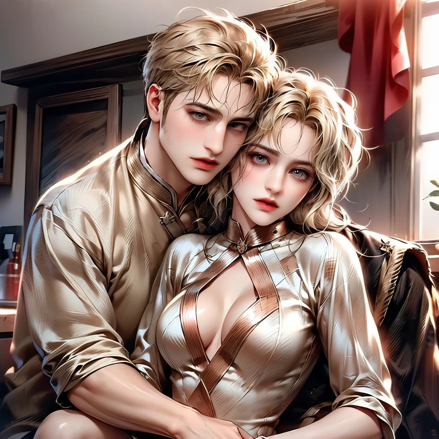 (masterpiece), (5K), (best quality), 2d Couple,((a blonde hair woman , pushed back locks, sharp eyes, slit_ pupils, pale eyes, small breasts)), brown eyes, ultra well detailed eyes, ((a light blonde hair guy, royal clothes)), a passionate hug