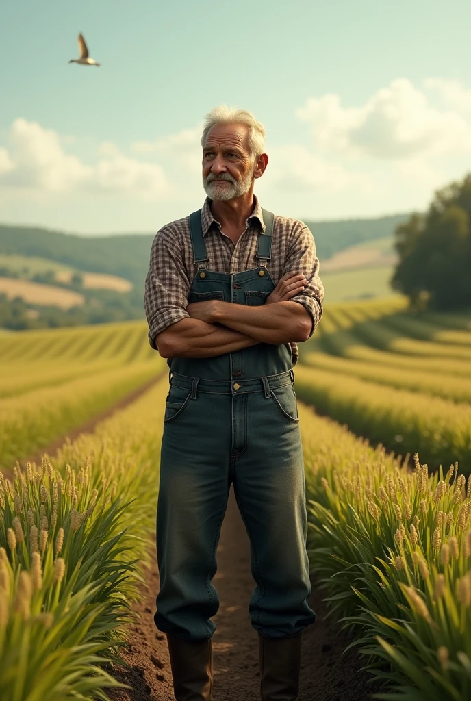 (A farmer standing in the field with folded hands