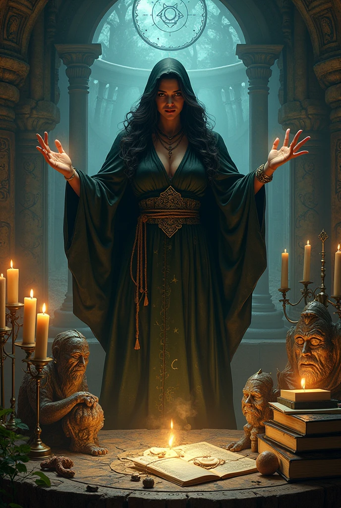 Witch casting a spell , a table full of symbols and statues 