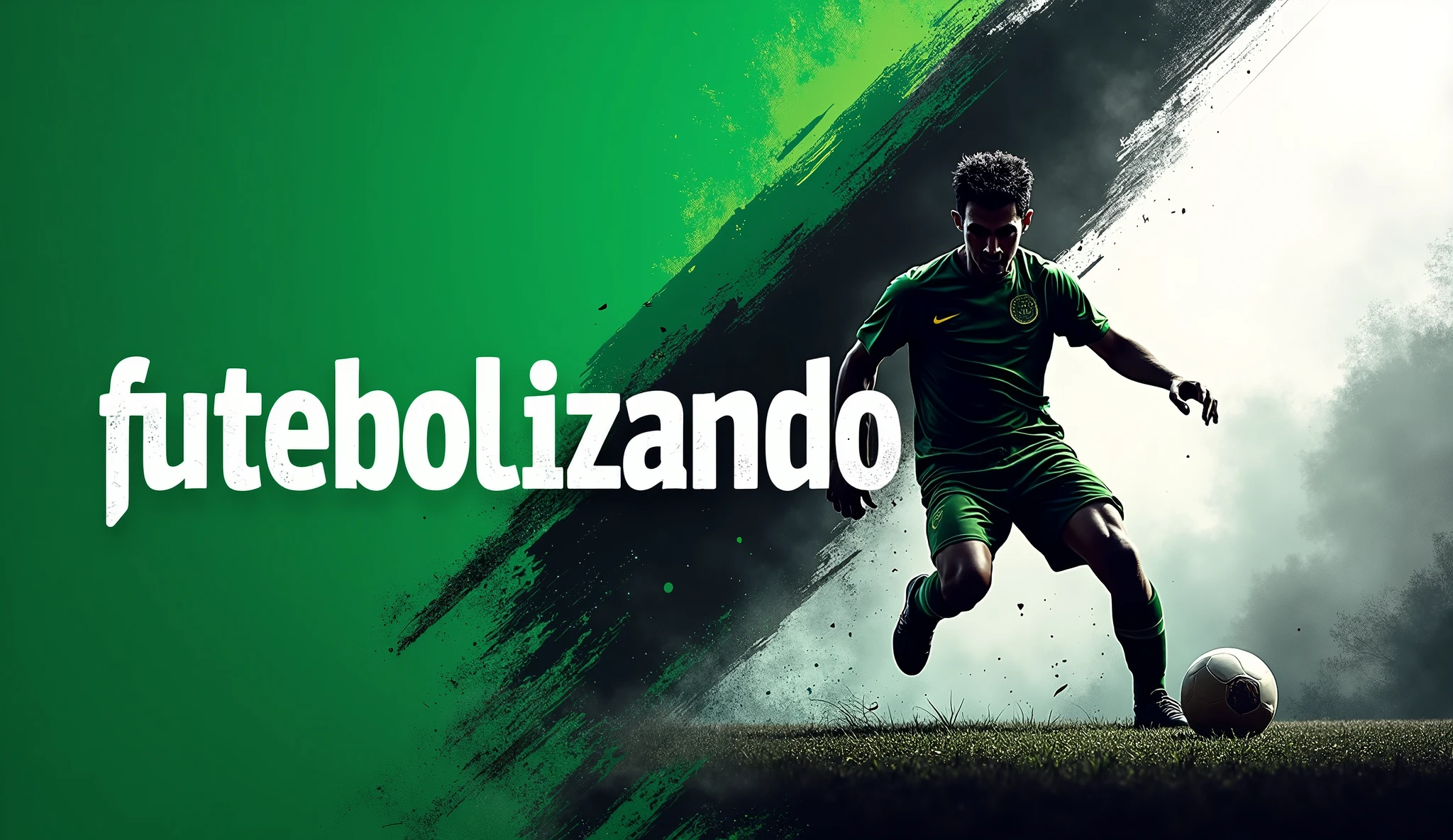 Create a banner for a football channel on YouTube using the word futebolizando, a soccer ball and a player. Combine the colors green, blackw, white and gray in the Portuguese language