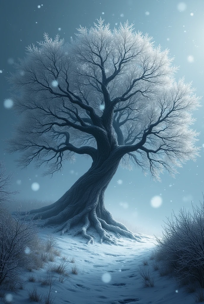 Create a gamer wallpaper with falling snow and a tree with a dark trunk and white leaves with the name trindade for my cell phone