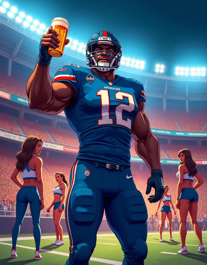 image type bande dessinée, environnement : stade de football américain de nuit, personnage principal : footballeur américain musclé avec une tenue bleue portant le numero 12 et une biere à la main, personnage en second plan : troupe de cheerleaders et DJ