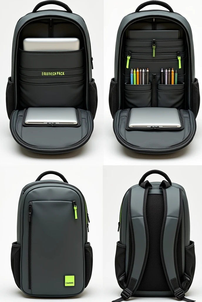 Make sure only the inside of the backpack is shown, without any view of the outside or the back. The backpack is dark grey with neon edges., and the name "EcoTech Pack" must be green, visible inside the backpack. Focus on the internal compartments: the padded compartment for the computer, the slots for pencils and markers, document pockets, and the general organization. The collage must have four images that show only the interior