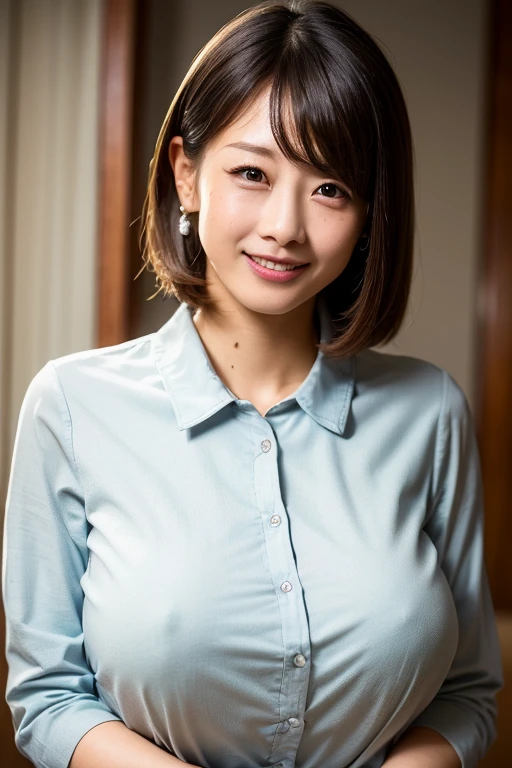 (超High resolution,4K,Very detailed, photograph, 8k, High resolution, High resolution, Absurd:1.2),25 year old Japanese woman,Black Hair,Beautiful character design,Beautifully detailed eye depiction,Perfect Face,Expressive eyes,Brown eyes,Please smile with your teeth showing,banker,A business-style collared shirt that fits snugly against the skin,(:1.4),Mature Woman,Natural smile,at living room,evening,(顔photograph:1.2), upper body,