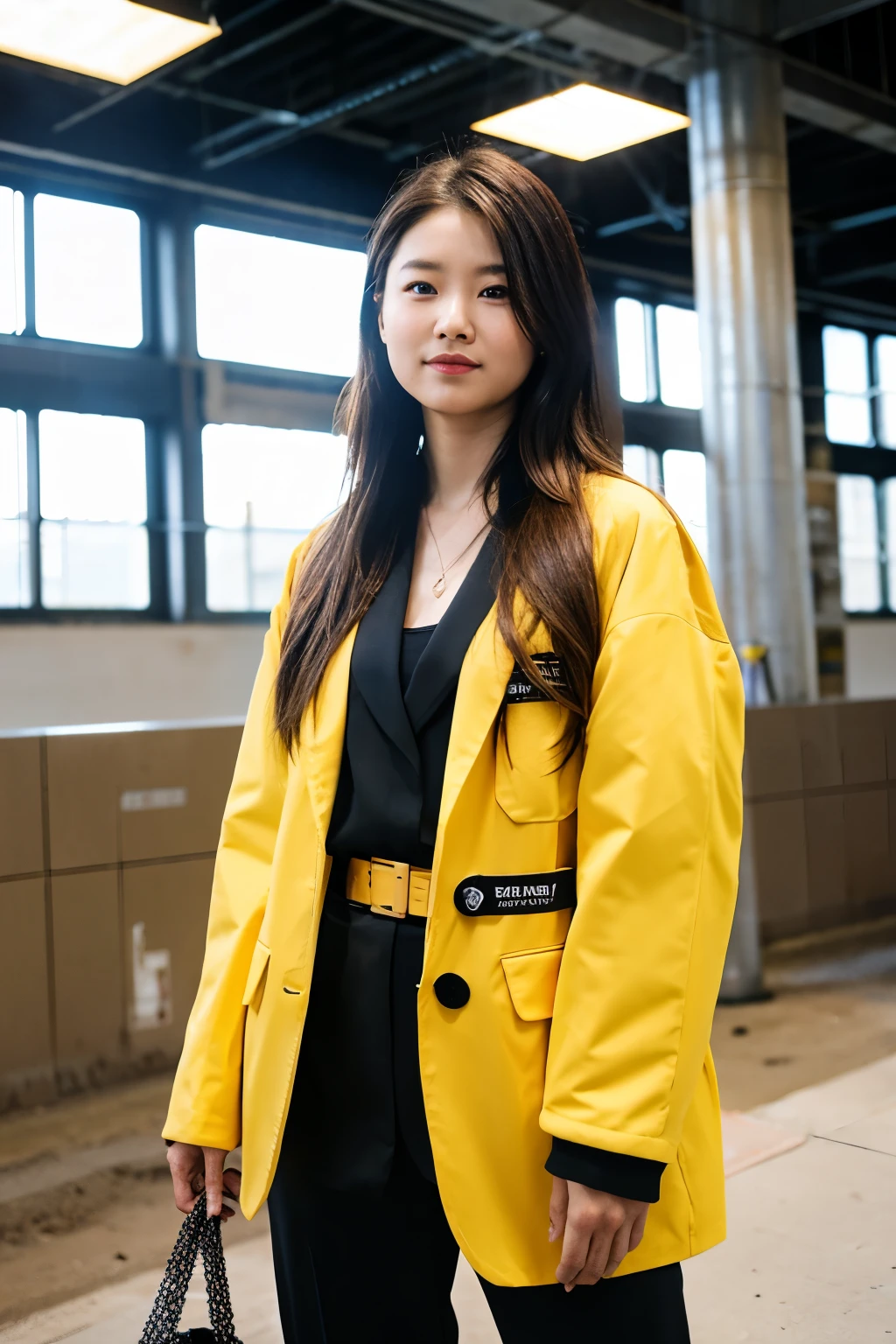 Brunette woman long hair, Suit,backwards, medium build, working on administrative project planning holograms, construction and lifting equipment
