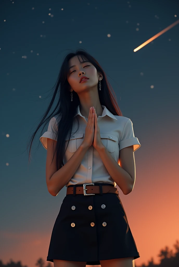 Korean-thai super model woman, in Thai university uniform, black tight slit mini skirt without buttons, starry sky, bright stars, slim and perfect figure, medium breasts, emphasize on breasts and hip and bottoms and thigh, rule of thirds, white tight between cap-sleeve and short-sleeve button up shirt for woman, white sneakers, brown suede belt, silver modern canvas belt buckle, silver shirt buttons, black long straight messy hair, blow hair, beautiful face, dynamic compositions, 1 shooting star, standing, wishing, close eyes, tilt her head back, 2 hands fold together, interlock fingers, very dark, blue tone, orange highlight, slender, high detailed, best quality, masterpiece, 32k, ultra high resolution