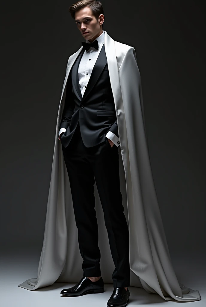 A mens outfit with
Silver Long sleeve on the first layer
Covered by a black tux
And a long Silver Cape That is Imbedead in the tux from the Right arm to the Left arm