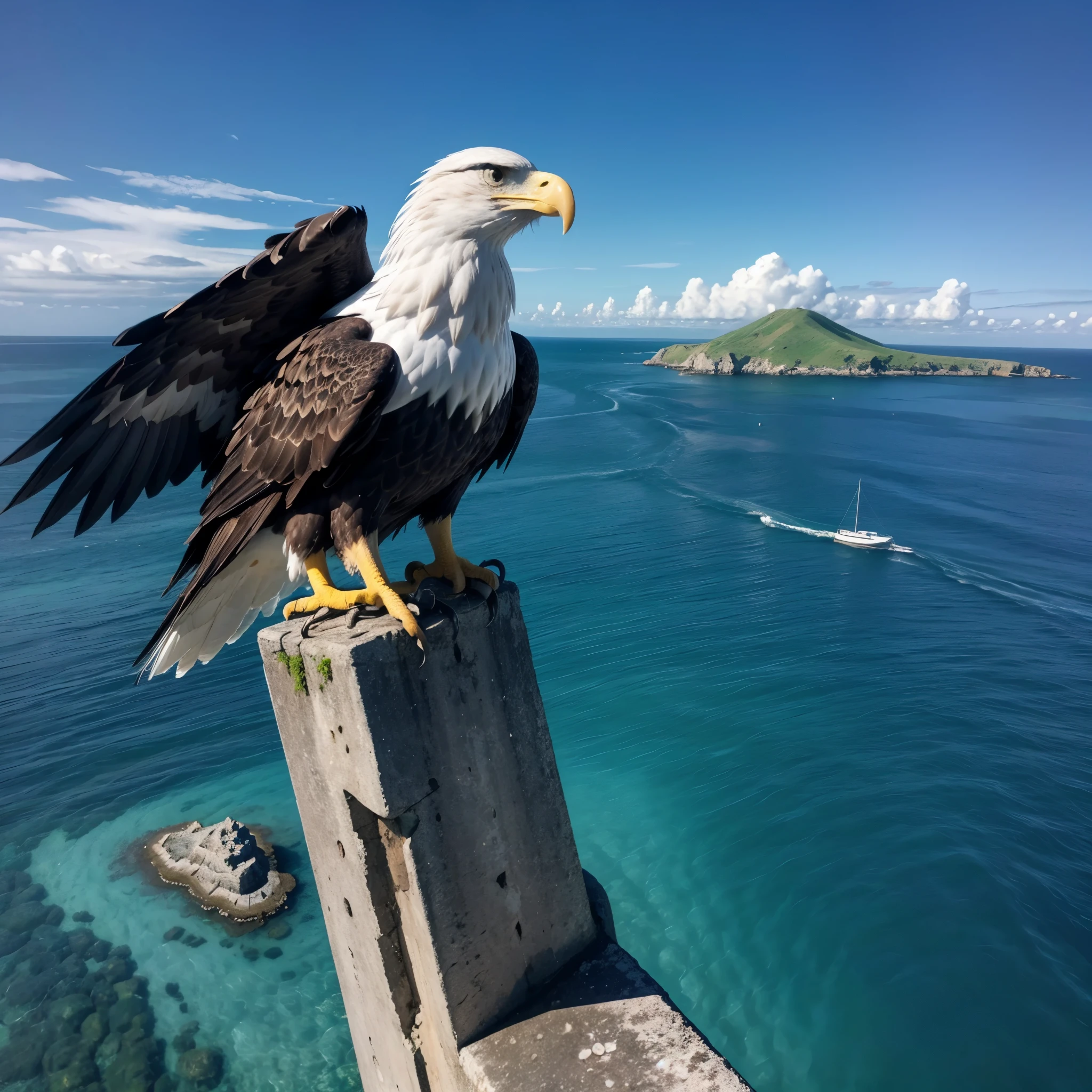 island with an eagle on top of a pole with a view of the sea