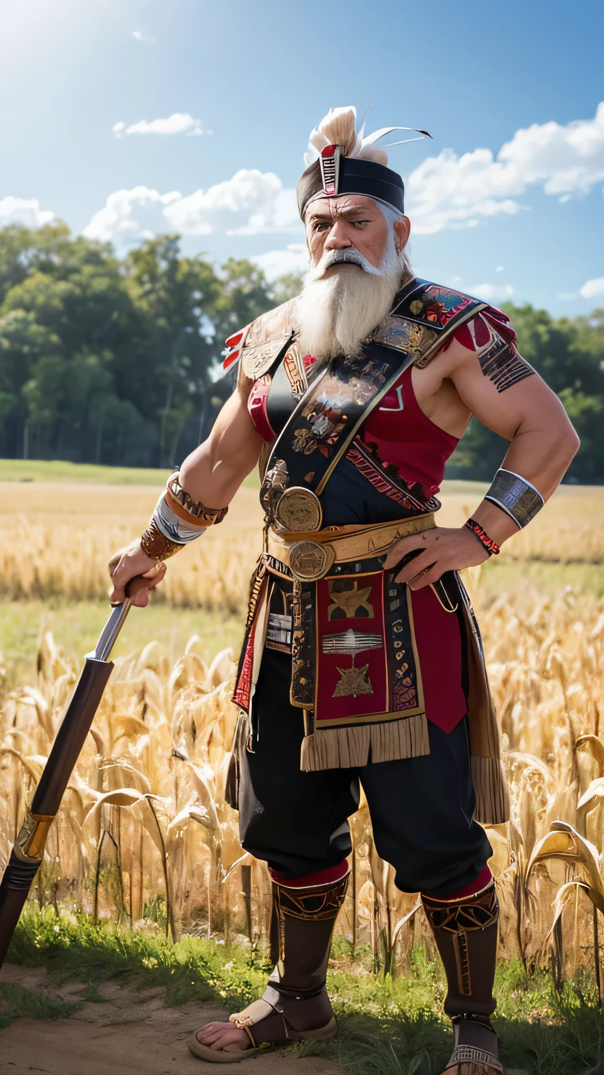 Aztec warrior, dressed in skins, elderly, muscular, short white hair, beard and long white mustache, in a corn field, using a cane.