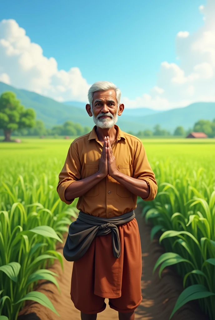 (A farmer standing in the field and doing namste
