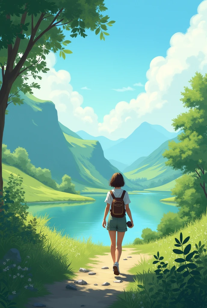 One walking and admiring the landscape with a stone in her hand