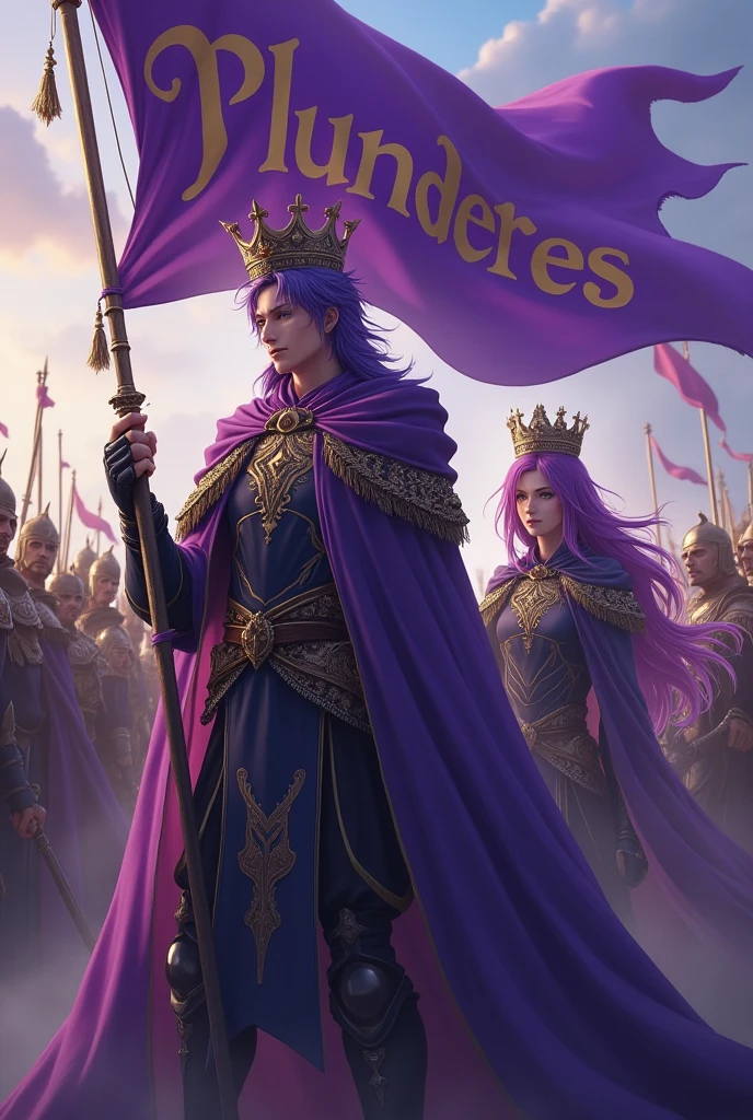 A purple-haired man with a crown on his head and a purple-haired woman who leads a guild., holding the flag with the word Plunderes in his hands and behind him his army of warriors