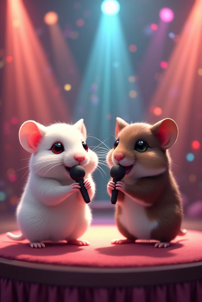 Two hamsters putting on a singing show, one of the hamsters has white fur and red eyes and the other has dark brown fur and black eyes, the two would be singing with microphones in their hands on a stage at a concert