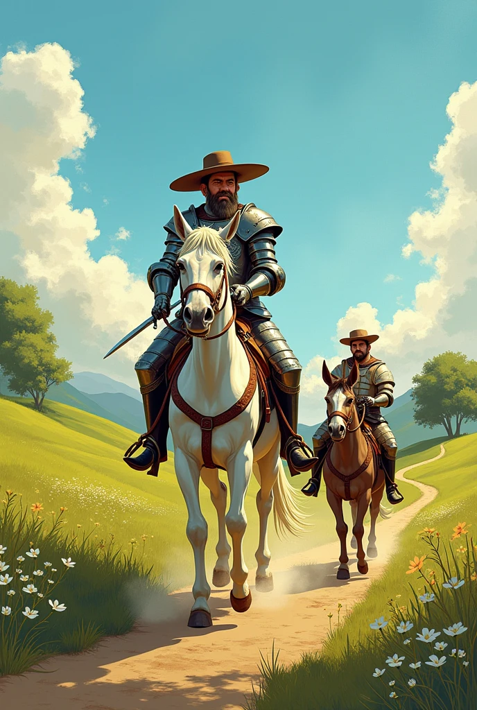an illustration with the silhouette of Don Quixote wearing his iron armor and riding a white horse and Sancho Panza on his donkey, on your adventures in an environment that is in spring , remembering that the story of Don Quixote takes place in 1605

