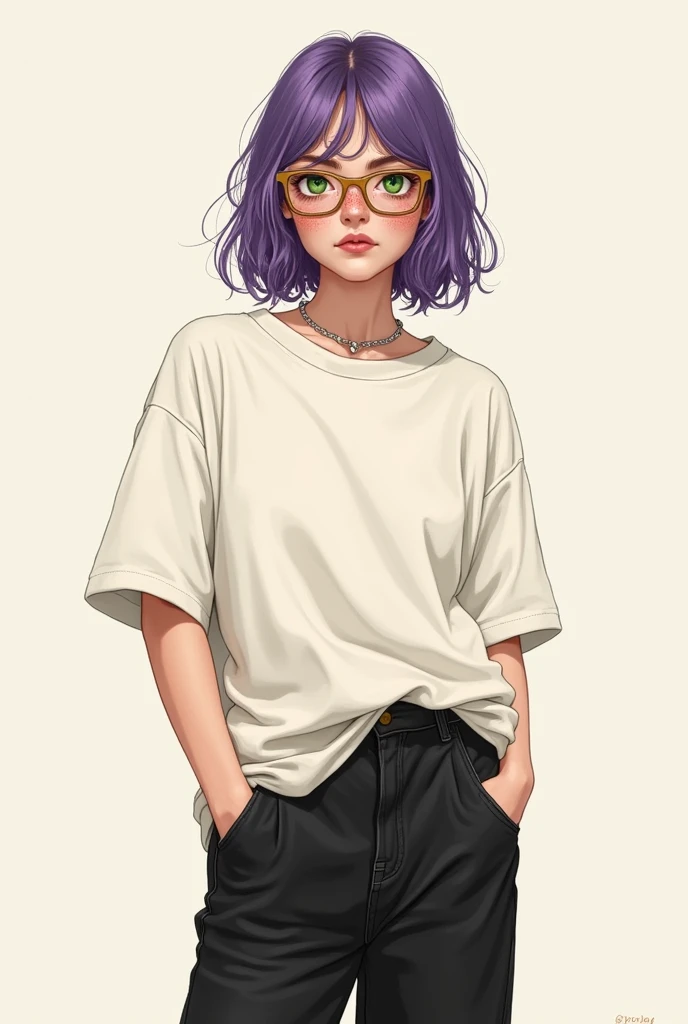 2d full-body girl with oversized tshirt and black baggy jeans. She has purple mid length hair, green eyes, glasses and freckles