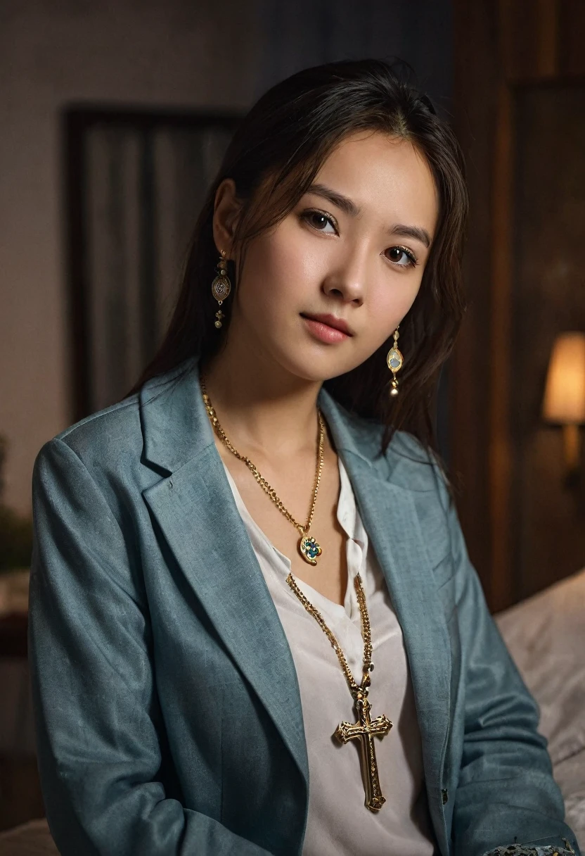 kazakh tutor woman, (22 years old), in the house, bedroom, night, cross necklace, jacket, satisfied expression, (front view), (face and eye details), (masterpiece, best quality, extremely detailed), (naturalistic, lifelike, natural, photographic, realistic)