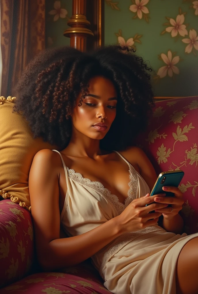 Do a re-reading of the work "MULATA ON THE SOFA" DE OF CAVALCANTI, IN WHICH THE GIRL IS CONTEMPORARY AND IS BORED SCROLLING ON HER CELL PHONE. USE THE PAINTER'S STYLE