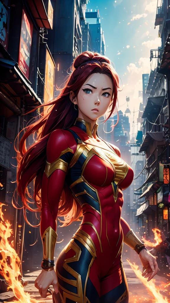 Jessica Henwick, Female Superhero Martial Artist, Long Red Hair, Detailed Face, Beautiful Face, Upper Body View Portrait, Anime Eyes, Lean Female Body Physique, Toned Female Muscle, Female Body Shape, Fit Female Body, 4KUHD quality, 1080i, 1080p, Cinematic Quality, Dramatic Lighting, Bokeh, Unreal Engine 5, Cel Shaded Style, Surrounded by Cosmic Fire, Anime Asthetic, DBZ Asthetic, Studio Ghibli Asthetic, Urban City Background, Tekken Asthetic 
[DreamGlow (NEW)]