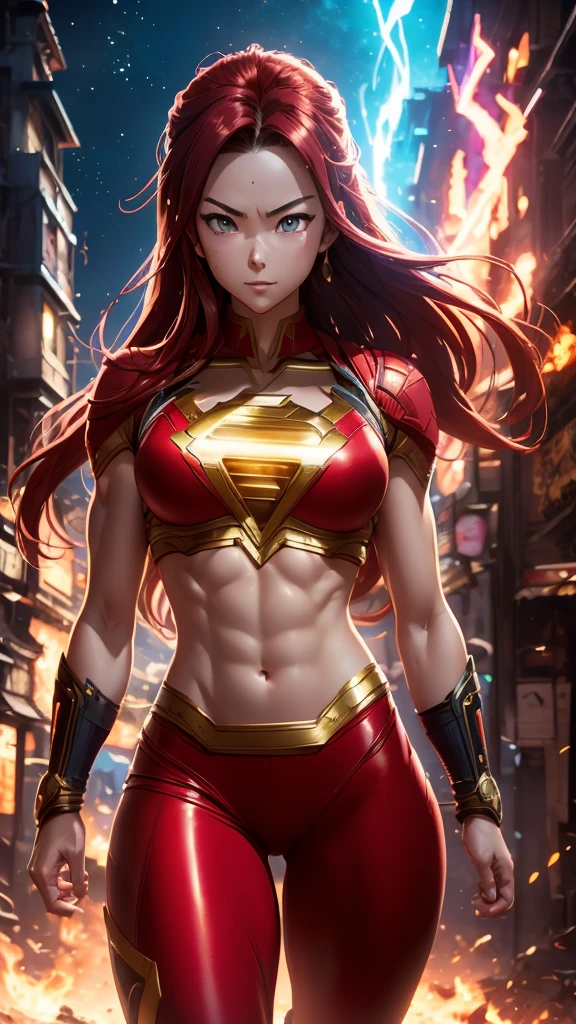 Jessica Henwick, Female Superhero Martial Artist, Long Red Hair, Detailed Face, Beautiful Face, Upper Body View Portrait, Anime Eyes, Lean Female Body Physique, Toned Female Muscle, Female Body Shape, Fit Female Body, 4KUHD quality, 1080i, 1080p, Cinematic Quality, Dramatic Lighting, Bokeh, Unreal Engine 5, Cel Shaded Style, Surrounded by Cosmic Fire, Anime Asthetic, DBZ Asthetic, Studio Ghibli Asthetic, Urban City Background, Tekken Asthetic 
[DreamGlow (NEW)]