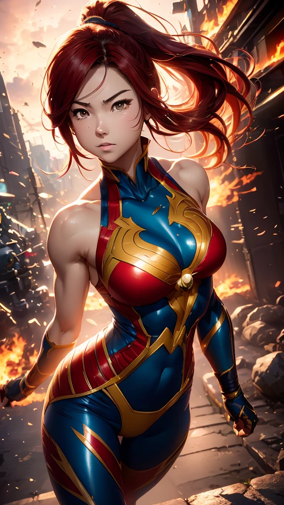 Jessica Henwick, Female Superhero Martial Artist, Long Red Hair, Detailed Face, Beautiful Face, Upper Body View Portrait, Anime Eyes, Lean Female Body Physique, Toned Female Muscle, Female Body Shape, Fit Female Body, 4KUHD quality, 1080i, 1080p, Cinematic Quality, Dramatic Lighting, Bokeh, Unreal Engine 5, Cel Shaded Style, Surrounded by Cosmic Fire, Anime Asthetic, DBZ Asthetic, Studio Ghibli Asthetic, Urban City Background, Tekken Asthetic 
[DreamGlow (NEW)]