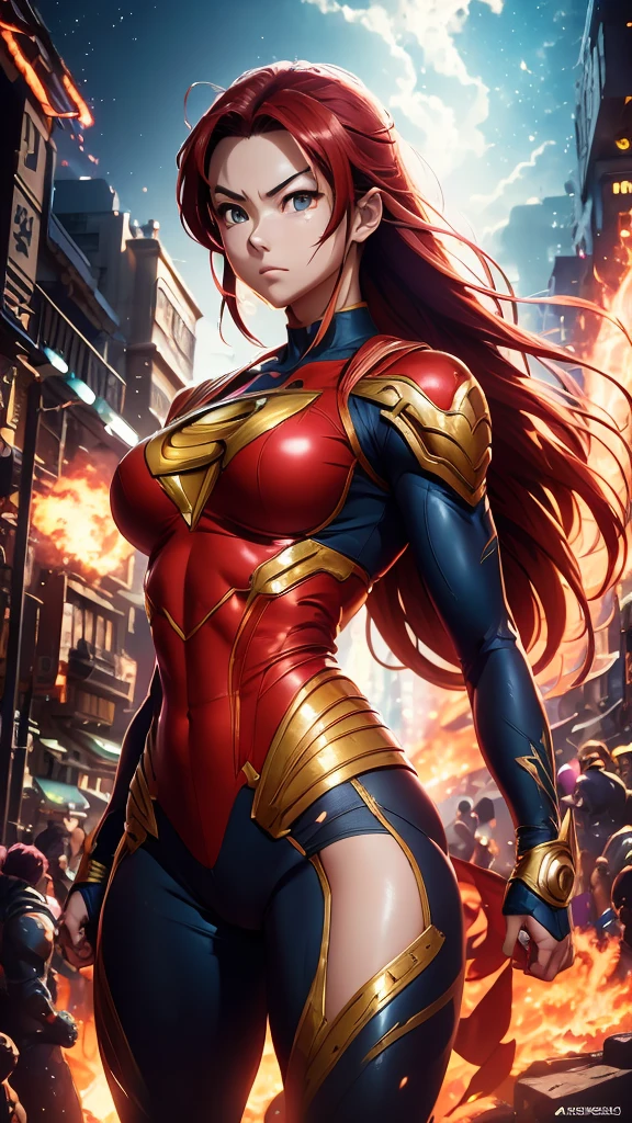 Jessica Henwick, Female Superhero Martial Artist, Long Red Hair, Detailed Face, Beautiful Face, Upper Body View Portrait, Anime Eyes, Lean Female Body Physique, Toned Female Muscle, Female Body Shape, Fit Female Body, 4KUHD quality, 1080i, 1080p, Cinematic Quality, Dramatic Lighting, Bokeh, Unreal Engine 5, Cel Shaded Style, Surrounded by Cosmic Fire, Anime Asthetic, DBZ Asthetic, Studio Ghibli Asthetic, Urban City Background, Tekken Asthetic 
[DreamGlow (NEW)]