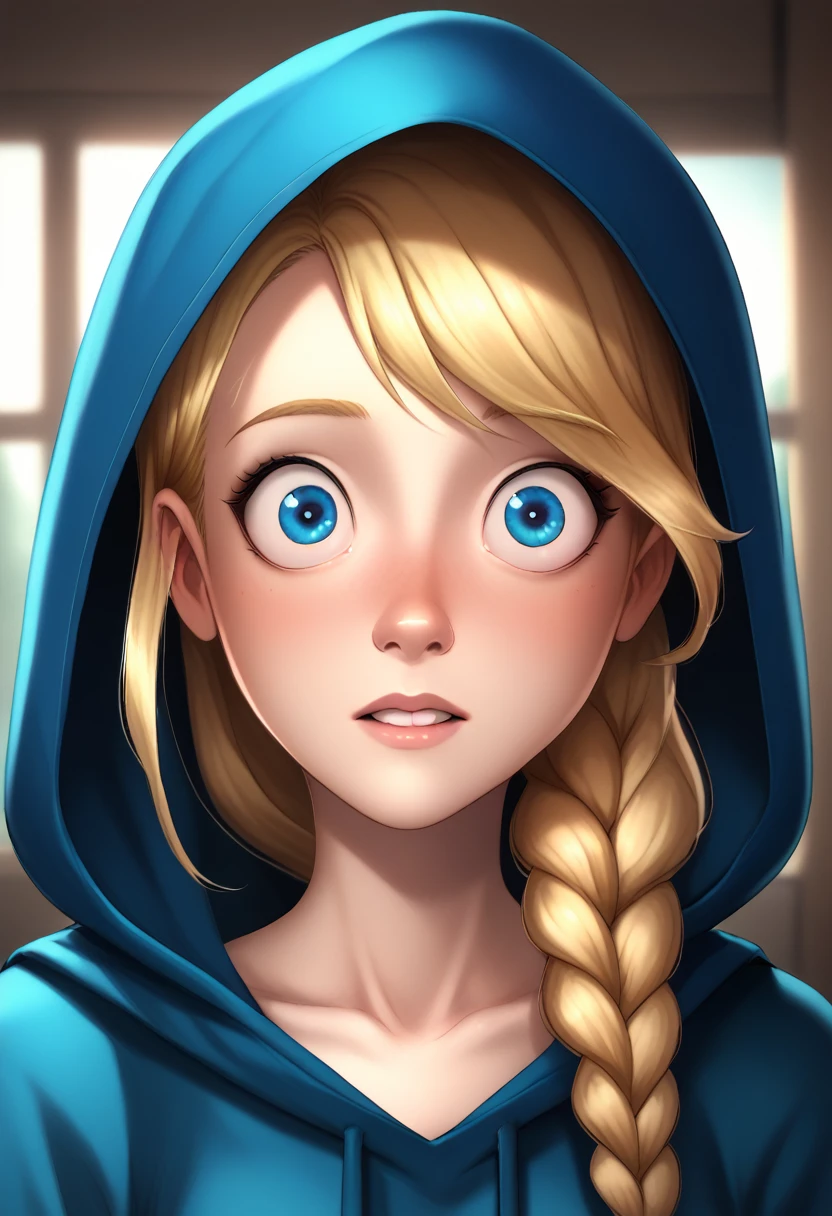 score_9, score_8, score_7, robyngoodfellowe, wolfwalkers_studio_saloon_style, 1girl, blonde hair, solo, hood, blue eyes, hood up, blush, long hair, braid, wide-eyed, looking at viewer, meme, hair over shoulder