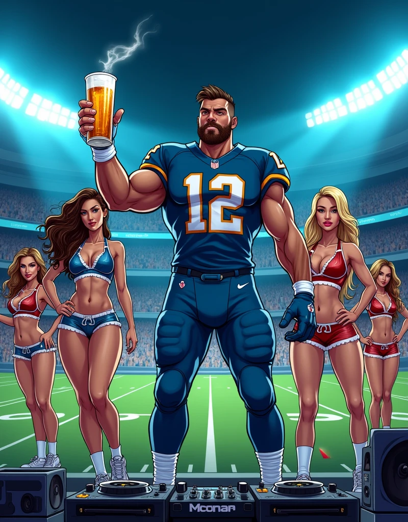 image type bande dessinée, environnement : stade de football américain de nuit, personnage principal : footballeur américain musclé avec une tenue bleue portant le numero 12 et une biere à la main, personnage en second plan : troupe de cheerleaders sexy et Disc Jockey