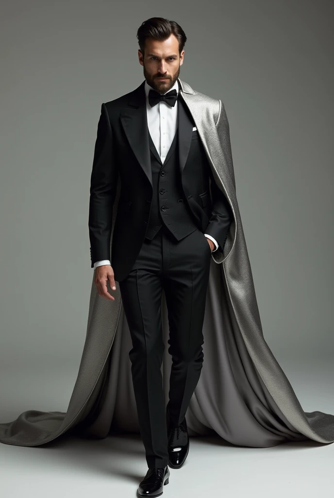 A mens outfit with
Silver Long sleeve on the first layer
Covered by a black tux
And a long Silver Cape That is Imbedead in the tux from the Right arm to the Left arm
Walking