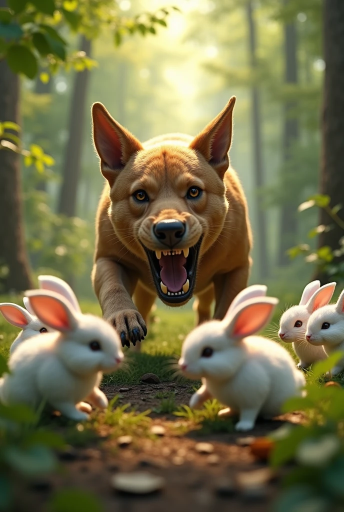 (photorealism:1.2), dog, brown, attack white bunnies into the forest