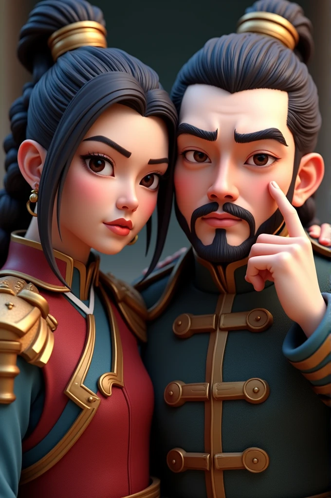 Please draw me a picture of Krixi and Dieu Thuyen in the mobile game Lien Quan taking a selfie (selfie picture of both of them). General Krixi is on the right and places one hand on his left cheek, while General Diao Chan's face is right next to Diao Thuyen. Neither of you smiled, and please make me a 3D photo