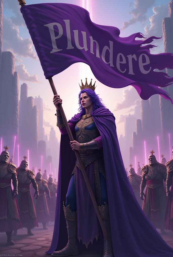 A purple-haired man with a crown on his head and a purple-haired woman who leads a guild., holding the flag with the word Plunderes in his hands and behind him his army of warriors
