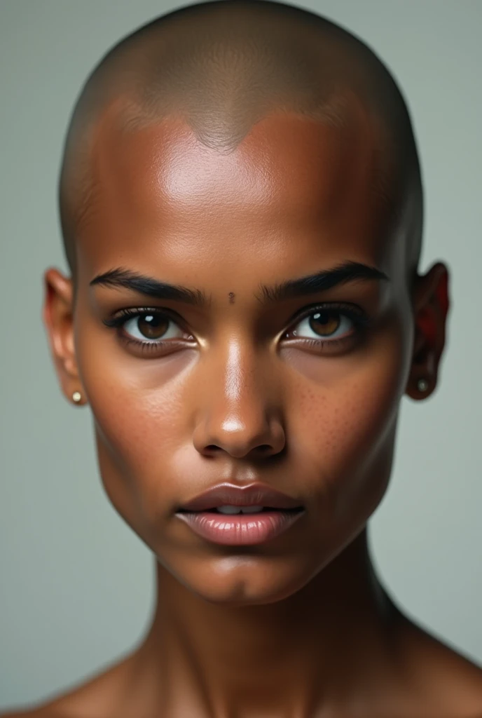 photorealism, hot bald woman, pinterest woman, 4k, ultra realistic, skin texture, pores, photorealistic, model, hyper realistic, RAW photo, photography, gorgeous, face close up, in focus, staring straight forward, face forward, flat lighting, indian woman
