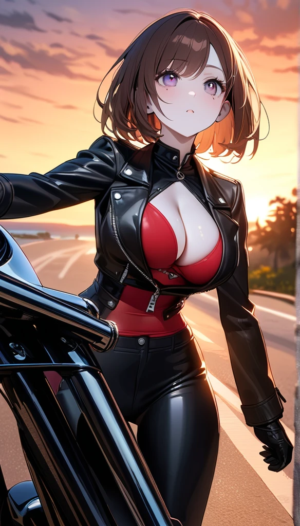 (One Woman),(Best image quality, 8k, masterpiece:1.3), Anatomically correct, ((Brown hair bob cut:1.1)),(Swept-apart bangs,), (Cute eyes, Dark Eyes), (Mole under right eye), (thin),(Glowing Skin:1.1),(Pale skin:1.2),(Fantasyな雰囲気),(look up),Ultra-high resolution, Textured skin, Sparkle Effect, Fantasy,Bright Eyes,adult,Slender,Large Breasts,
Black Riders Jacket,Black hot pants,Black leather gloves,Black Leather Boots,Black Helmet,Round goggles,Black tights,
Red sports bra,Cleavage,
Riding American Motorcycles,Big bikes,Seaside Road,sunset,Sunset,
Widescreen,